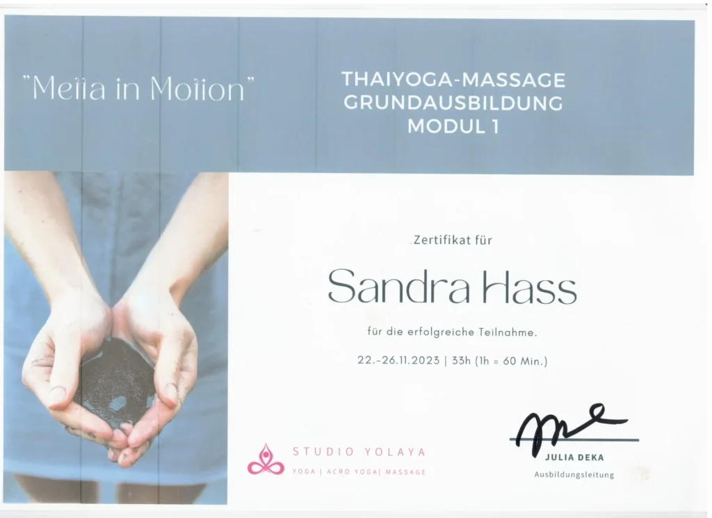 Thai Massage Ausbildung Modul 1 Zertifikat Sandra Haß Bad Wildbad