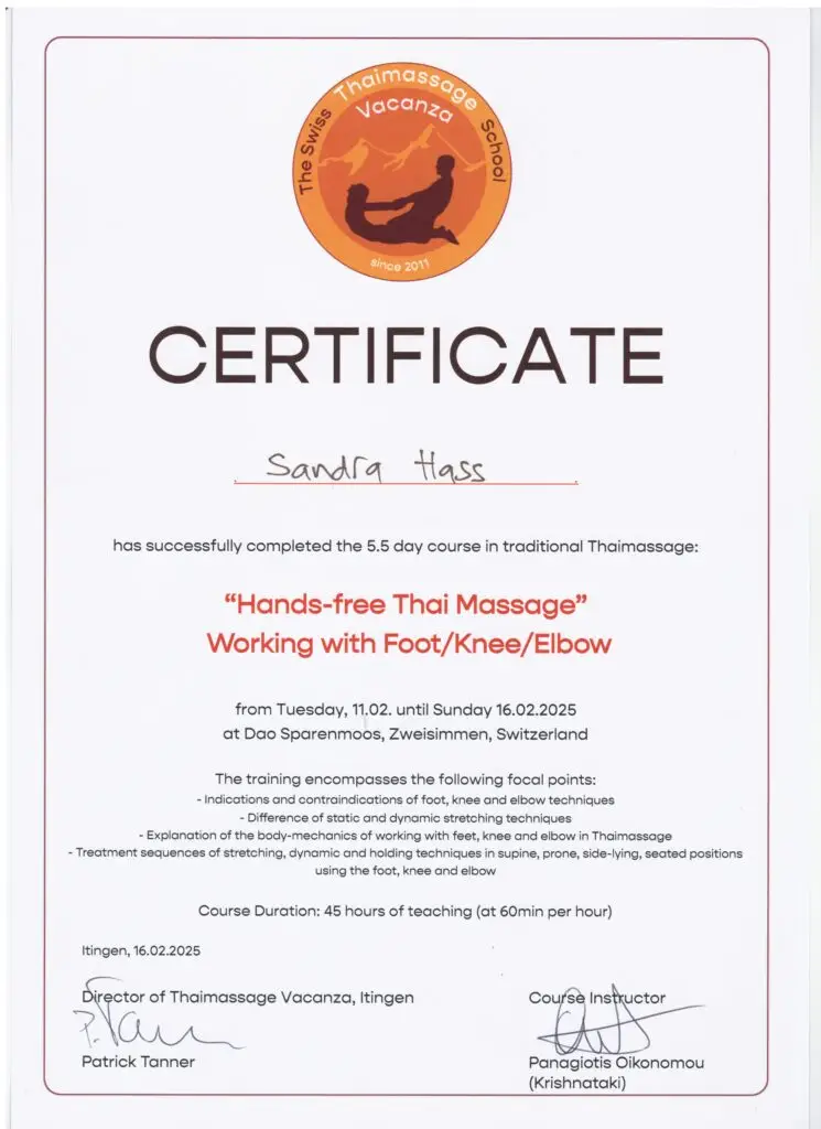 Thai Massage Hands-free Zertifikat Fuß Knie Ellbogen Sandra Haß Bad Wildbad