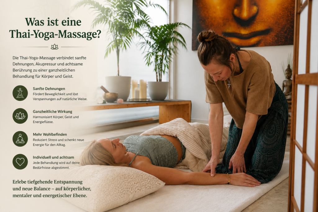 Thai-Yoga-Massage mit entspannter Behandlung und kurzer Erklärung