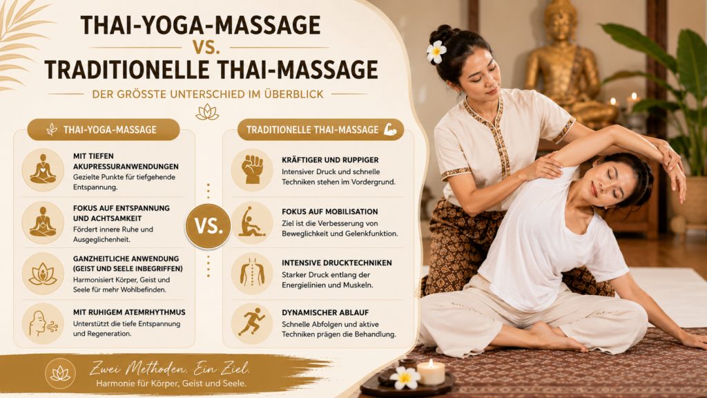 Thai-Yoga-Massage im Vergleich zur traditionellen Thai-Massage mit Anwendungsszene