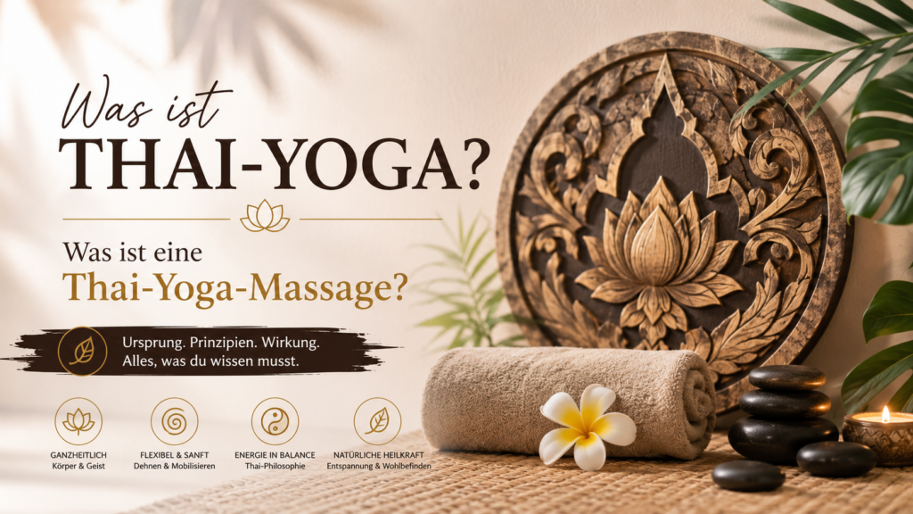 Lotus-Symbol und Thai-Yoga-Massage-Elemente in ruhiger Atmosphäre
